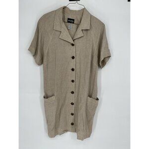 John Philips VTG Linen Blend Beige Button front Dress w/ Pockets/Shlder Pads 14W